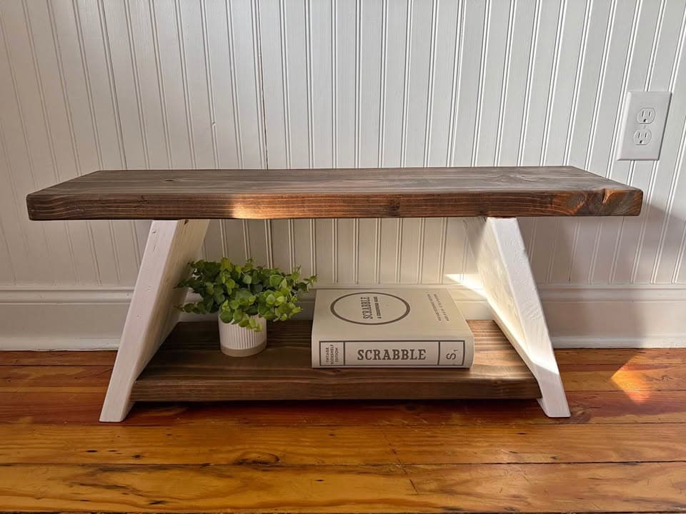 Handcrafted solid wood entryway benches with a rustic farmhouse design.